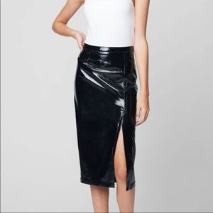 faux leather high-slit midi skirt